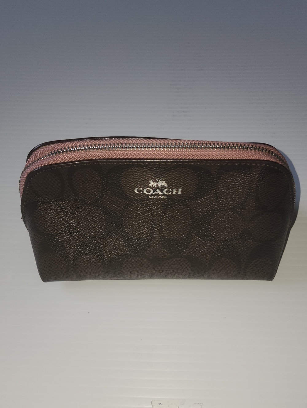 Coach Cosmetic Case 17  Signature Canvas Pouch with Pink Zipper.